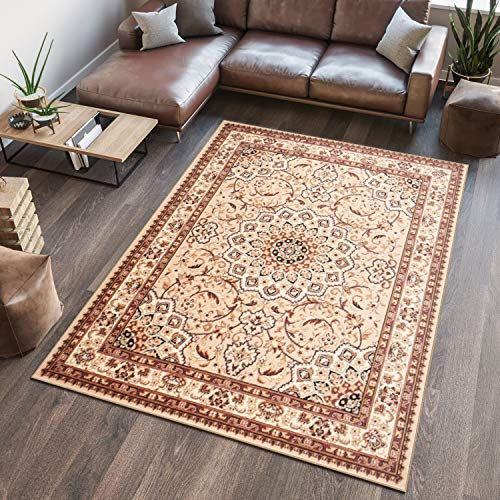 TAPISO Atlas Teppich Kurzflor Beige Creme Braun Traditionell Klassisch Orientteppich Floral Orient Mäander Wohnzimmer Schlafzimmer ÖKOTEX 120 x 170 cm