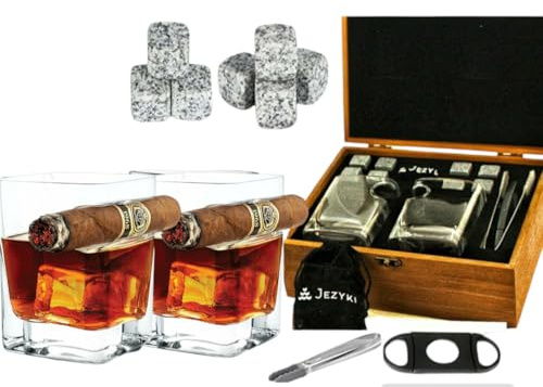 Whiskey Cigar Glass Set – Cigar Holder Glass with Granite Ice Cubes & Cutter – Luxury Gift for Men Who Love Whiskey & Cigars – Premium Gift Box for Dad, Husband, or Groomsmen