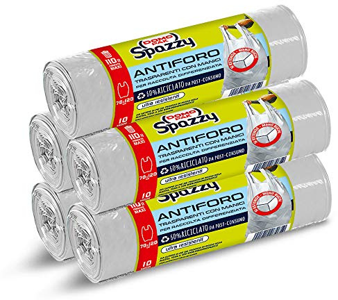 Domopak Spazzy Sacchi Nettezza Antiforo Con Manici - Raccolta Differenziata - Condominiale 110 Lt - Neutro Trasparente - 5 Confezioni Da 10 Pezzi, 10 Unità (Confezione da 5)