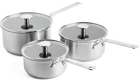 KitchenAid Stainless Steel Ensemble de casseroles antiadhésives en céramique sans PFAS de 16 cm, 18 cm et 20 cm en acier inoxydable, résistant à la chaleur, à l'induction et au four, argenté.
