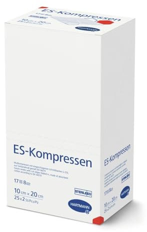 Hartmann ES Mullkompressen steril 10 x 20 cm, 17-fädig, 8-fach (1 Karton = 15 Pack à 25 x 2 Stück)