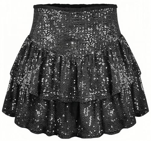 Ocean Plus Mini-Jupe pour Femme avec Short Intérieur Jupe Perlée à Paillettes Jupe Courte Skort Couleur Unie Jupe Plissée avec Fermeture éclair Jupe Pantalon (XS (EU 30-32), Noir)