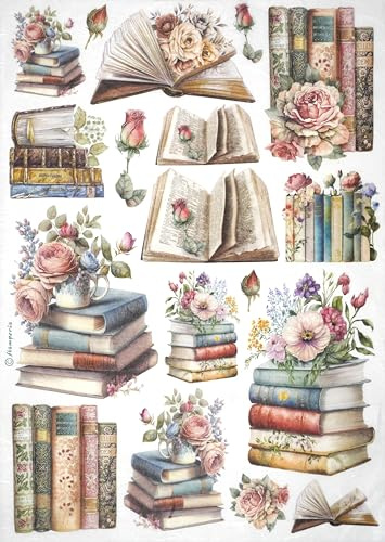 Stamperia Carta di riso formato A4, design vintage con libri e fiori per decoupage e lavori artigianali