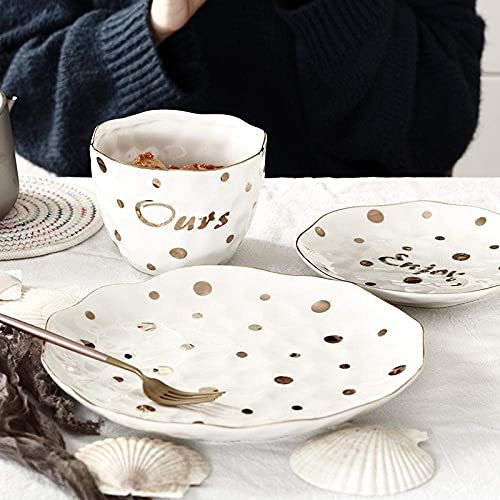 ABNNHK Elegante Speiseteller, 12-teiliges Porzellan-Geschirr-Kombi-Set, goldenes gepunktetes Keramikgeschirr, großer Speiseteller, Steakteller, Suppenschüssel, Einweihungsparty, Hochzeit,