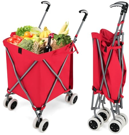 GYMAX Faltbarer Einkaufswagen mit flexiblen Rädern & L-förmige Griff, Höchstlast 90L/50kg, Rollwagen, Oxford-Gewebe & Abdeckung, tragbarer Transportwagen für Einkauf, Camping & Garten (Rot)