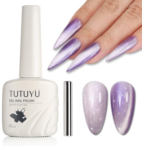 TUTUYU Bright Purple Cat Eye Gel Nail Polish,Crystal Galaxy Holographic Lavender Cateye Gel Polish with Magnet, Purple Gel Silver Shimmer Velvet Soak Off Uv Led Home Diy Manicure