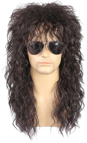 Rocking Dude Peluca - Peluca larga y rizada marrón oscuro, aspecto clásico ligero de metal pesado | Disfraz duradero Anime Tupe Vintage Concierto, Disfraz Retro Cosplay Pelo para conciertos Anime Roll