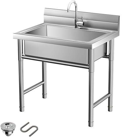 Meuble Evier Cuisine avec Evier, Evier Multifonction avec Robinet et Pieds, pour Garage, Atelier, Buanderie, Salle de Bain, Ferme, Couleur Argent(50x50x80cm/20x20x31in)
