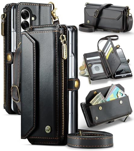 Étui portefeuille à rabat en cuir résistant aux chocs pour Samsung Galaxy Z Fold 7 avec bandoulière + dragonne, sac à main zippé, 5 emplacements pour cartes/porte-stylo S pour Galaxy Z Fold7 2025