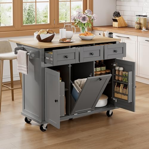 Azkoeesy Isla de cocina móvil con encimera extensible, carrito de servicio con 3 cajones, estante para puerta, cubo de basura para cocina y comedor (112 x 94,5 x 44,6 - 74,6 cm), color gris