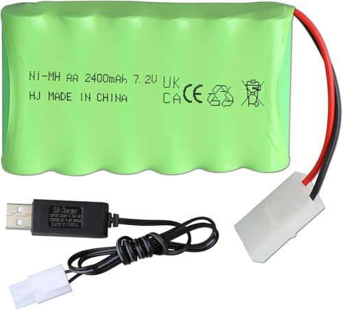 YUNIQUE GREEN-CLEAN-POWER - Laddningsbart batteri 7,2V 2400mAh NiMH med Tamiya KET 2P-kontakt och USB-kabel – 6-cells AA-pack för RC-bilar, lastbilar, grävmaskiner, stridsvagnar, bandvagnar och