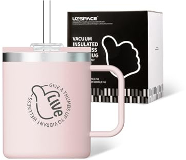 UZSPACE Taza Térmica de Café 500 ml, Vaso Térmico con Pajita, Tapa y Asa, Doble Aislamiento Contiene Té o Café y Mantiene Temperatura 4-6 Horas, Taza Termo para Hogar y Oficina (Rosa-Cuarzo)