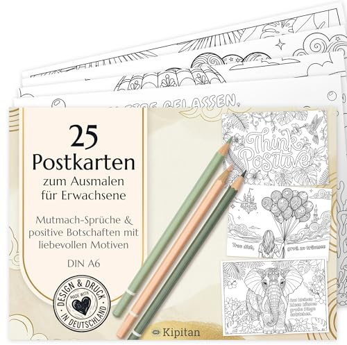 Kipitan 25 Postkarten zum Ausmalen für Erwachsene, DIN A6 | Kreatives Geschenk, zum Selbstgestalten, Entspannung & Achtsamkeit, Stabile A6 Karte im Set, Leere Rückseite, Made in Germany