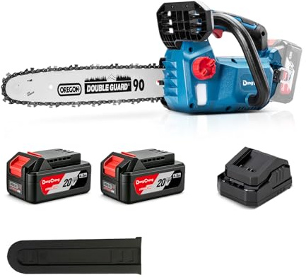 DongCheng Motosega a batteria 20V, brushless, 12 m/s, lama OREGON 30cm, 2x4,0Ah. Tendicatena senza attrezzi, lubrificazione automatica, 2kg (senza batteria), Giardino, legna, potatura