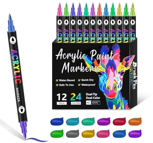 Simaituo 24 Colors Dual Tip Acrylic Paint Markers, Waterproof, Non-Toxic,Quick Drying, Odorless Paint Pens Set for Rock Painting, Paper,Glass, Ceramic, Stone, Wood, Fabric