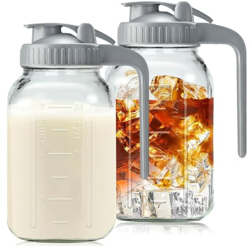 Ksrnsne Glass Pitchers with Lid and Handle,32oz,Wide Mouth Leak-Proof Glass Water Pitcher, Creamer Container for Cold Brew 2Pcs