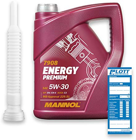 MANNOL 5L Energy Premium Motoröl 5W-30 API SN/CF MB 229.51 Dexos 2 LL-04 + Abfüllschlauch