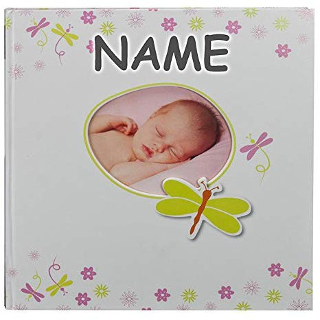 personalisiert mit Name - Babyalbum mit Fensterausschnitt, Schmetterling, 30 x 31 cm, 60 weiße Blankoseiten mit 4 illustrierten Seiten und Pergamin-Trennblättern, Kunstdruck mit UV-Lack, Weiß, 15112
