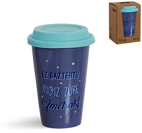 Vidal Regalos Taza Porcelana Portatil 400ML con Tapa Silicona Azul Mensaje en Euskera Cafe 14 cm