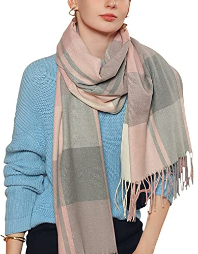 Camilife Damen Kaschmirimitat Schal Webschal Klassisch Großer Kariert Lange Schal Shawl Umhängetuch mit Fransen Elegant Damenschal Warm Weich Komfort für Herbst Winter 65×185cm