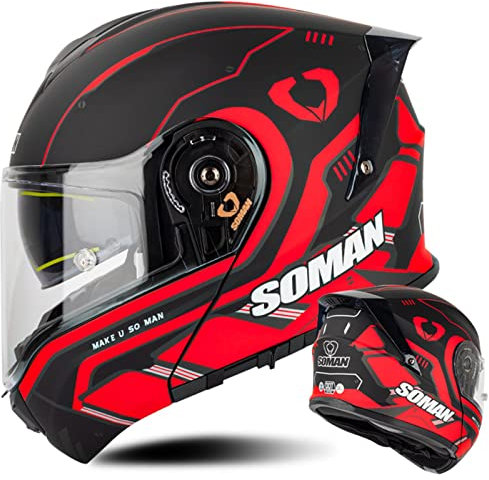 Motorradhelm Klapphelm Integralhelm Flip Helm Integrierter Modularhelm Flip Einteiliger Helm Mit Doppelvisier Motorradhelm Scooter Helm Männer Und Frauen DOT/ECE-Zertifiziert, Rot-4XL(67~68cm)
