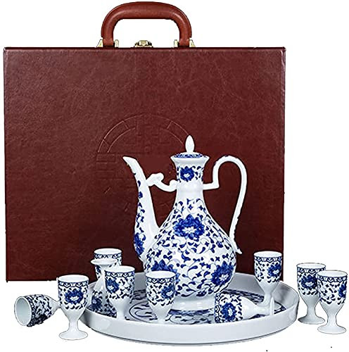 FURLOU Blue and white porcelain ceramic wine set Chinese antique old-fashioned wine jug tall white wine glass tray
