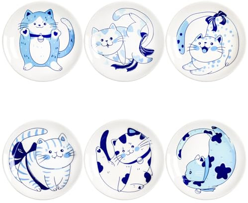 Bicuzat Blue and White Porcelain Vintage Cats Pattern Dessert Plates, Appetizer Plates, Snack Plates Set, Seasoning Dishes, Side Dishes, Saucer Dipping Bowls, 6 PCS-Blue Cats-5 Inch