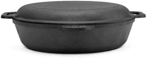 Sartén de hierro fundido de 28 cm de diámetro con tapa, sartén de hierro fundido, 2 asas, sartén para servir