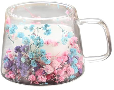 Janurium Tazas de café de vidrio de doble pared, taza de café con flores de capa aislada, taza de café de vidrio transparente de 250 ml, taza de doble pared para capuchino, té, jugo de leche, bolsa de