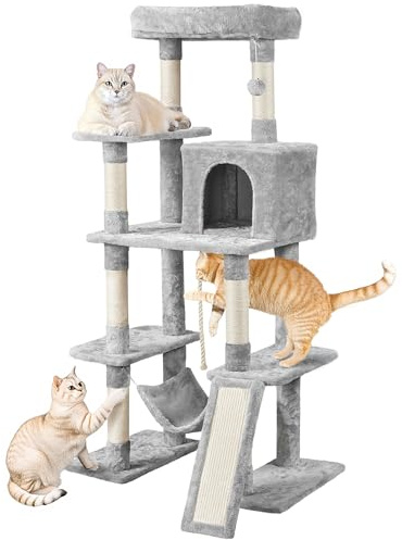 Yaheetech 137cm Large Cat Tree, Multi-Level Cat Play Tower with Scratching Posts Warm Condo Hammock, Plush Pet Furniture for Indoor Kittens, Light Grey