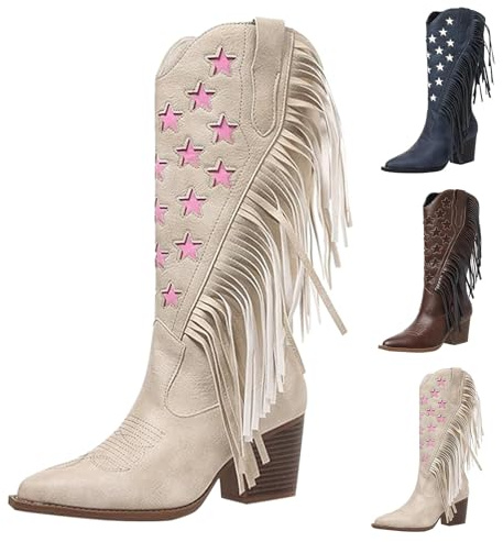 Fransar stövlar dam klack – långa stövlar dam cowboy stövlar vintage halvstövlar blockklack traditionella skor västerländska stövlar cowboystövlar lantstövlar ridstövlar retro slip-stövlar, Vit, 43 EU
