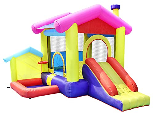 Inflatable Bouncy Castle with Slide and Trampoline, Outdoor Play Equipment for Kids Exercise and Fun, The Multi-Color Bouncy Castle House Slide Trampoline