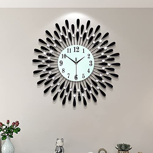 JIUJIUDA Große Schwarze Wanduhr, 60cm Modern Kristall Metall Wanduhr Lautlos Ohne Tickgeräusche, Luxus Runde Dekorative Uhr für Wohnzimmer Schlafzimmer Küche Büro