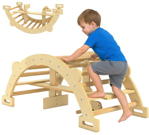 AIYAPLAY Montessori Klettergerüst 2 in 1 Kletterbogen, Kinder 2-4 Jahre | Indoor, Schaukelpferd, Kletterspielzeug aus Holz