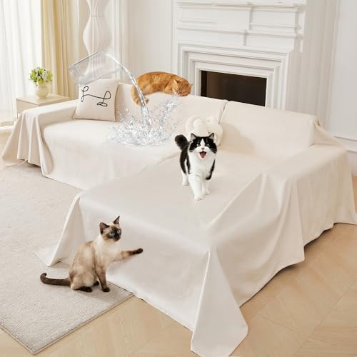 Loiion L-Form Sofaschutz Katze, Ecksofa-Überwurf Kratzschutz, Beige | Wasserdichter Sofabezug 2-teilig für Haustiere, Weicher Rutschfester L-Sofa und Ecksofa Schutz,180x260+180x280cm