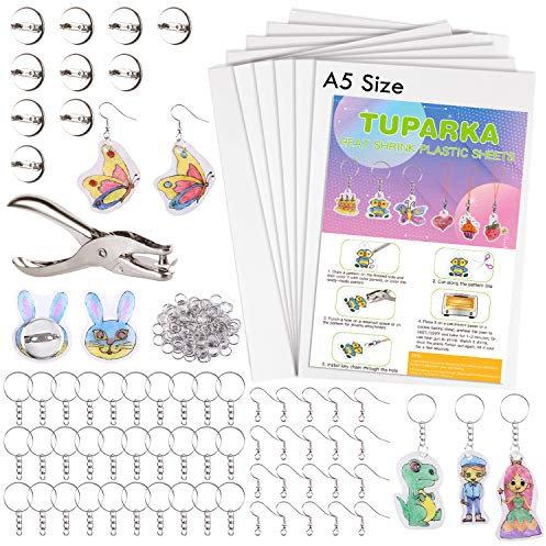 TUPARKA Schrumpffolien-Set, 81-teilig, enthält 20 Blatt Schrumpfkunstpapier, blanko, Locher, 30 Schlüsselanhänger, 20 Ohrhaken und 10 Broschen