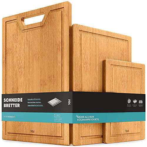 KITCHENMAPE Schneidebretter aus Bambus mit Saftrille - 37x24cm / 31x20cm / 23x15cm - 3 teiliges Schneidebrett Set - Küchenbrett extra groß - Holzbretter ideal zum Kochen - perfekt für Deine Küche