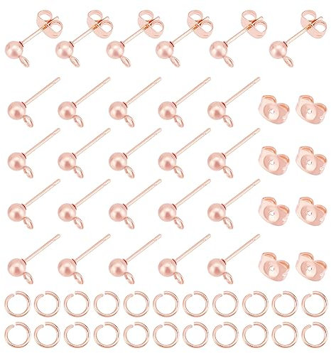 UNICRAFTALE 100pcs Ball Post Earring Studs with Loops with 100Pcs Earring Backs 100Pcs Open Jump Rings 304 Stainless Steel Rose Gold Stud Earrings Findings for DIY Jewellery Making