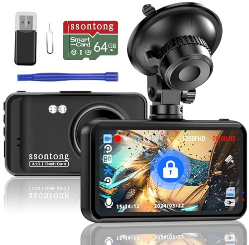 Dash Cam, Dashcam 1080P FHD Car Camera Dash Cam Front DVR Dashboard Dash Camera W/ 64GB Card, Night Vision, 170°Wide Angle 3”IPS Screen Dash-cam Loop Recording G-sensor Motion Detection Parking Mode