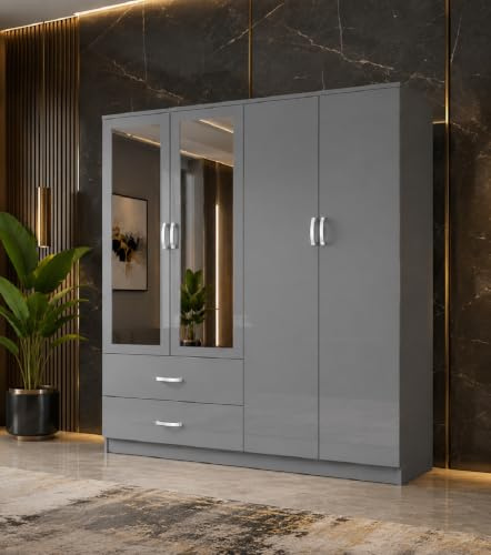 High Gloss Bedroom Furniture Set - 4 Door 2 Drawer With Mirror Wardrobe - Gloss Finish Handging Rail Modern Bedroom Furniture Range (Grey, Extra Large)