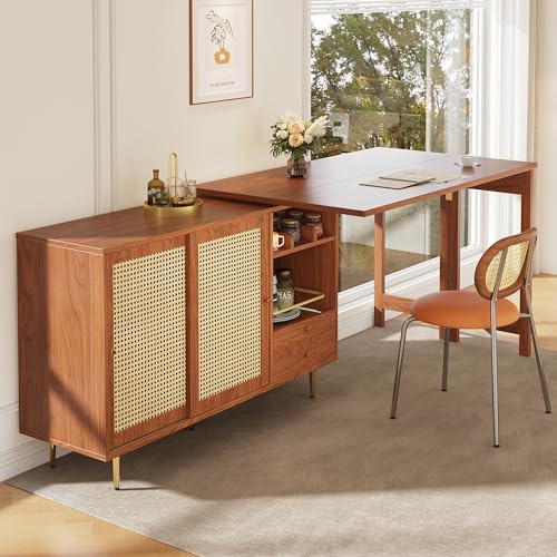 ModernLuxe L-Sideboard 360° drehbarer Stehtisch,Beistellschrank für Wohnzimmer Kommode mit Schubladen 107x40x71,4 cm mit Rattan-Schranktür und Regal,für Küche,Esszimmer oder Wohnzimmer Braun