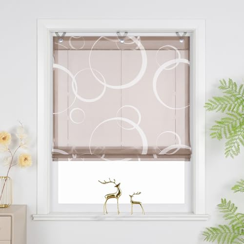 Joyswahl Raffrollo ohne Bohren Lichtdurchlässig Raffgardinen Braun 130x100 | Voile Ösenrollo mit Hakenaufhängung, Fenster Vorhänge für Fenster mit Ösen, Wohnzimmer, 1 Stück, Fensterrollo innen modern