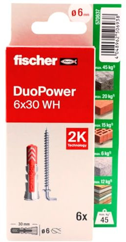 fischer - Duopower 6 x 30 avec douchette - 6U, chevilles murales multi-matériaux, pour accrocher des vélos, des cadres, des armoires, des supports de télévision, des étagères, des meubles.