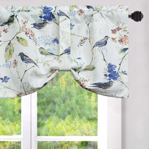 VOGOL Tie Up Blue Bird Kitchen Curtains, Floral Printed Pattern Design Window Topper, Length Ajustable Pelmet Valance for Kitchen Bedroom Living Room, 52×18, 1 Panel