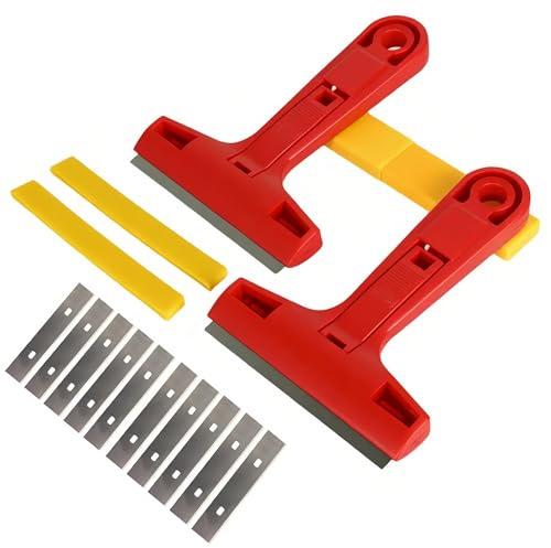GullSkies 2-Piece Ceramic Cooktop Scraper with 10 Replacement Blades and Protective Cover Made of SK5 Alloy Steel, Button Release Design, Portable 142mm Glass Scraper for Removing Glue & Stickers. | Glass scraper and spatula with SK5 blades, protective case and button release for ceramic hob, window, sticker and glue