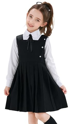 LOLANTA Plisserad overall för skoluniform, fyrkantig hals, ärmlös, med dekorativa knappar, veckfri, 5–12 år, svart, 9-10 �r