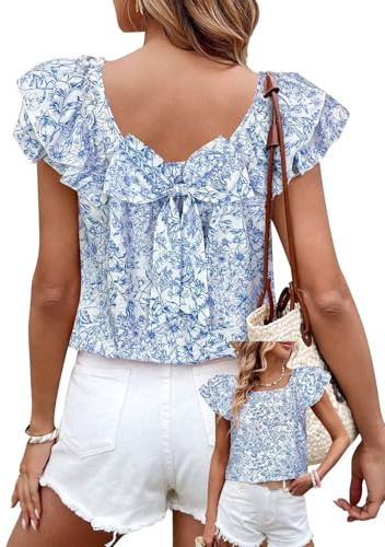 TUUHAW Summer Tops for Women UK Ruffle Short Sleeve Blouse with Bow Tie | Ruffle Short Sleeve Blouse with Bow Tie, Round Neck Casual Shirts, Cute Flowy Clothes Trendy, Chiffon Y2K Party Outfit