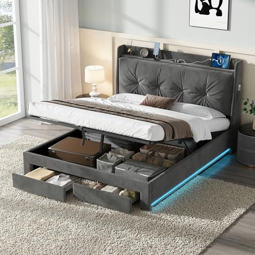 4ft6 Double Bed Frame with Hydraulic Lift & 2 Drawers, Back Cushion Headboard with Charging Station, Velvet Upholstered Functional Ottoman Storage Bed with RGB LED Lighting & Slats, No Mattress, Grey
