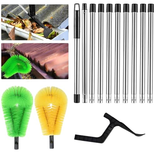 390cm Gutter Cleaner Gutter Brush and Cleaning Spoon Scoop 2 in 1, Gutter Cleaning Brush, Gutter Cleaning Brush with Telescopic Pole for Leaves and Windows (Yellow+Green)