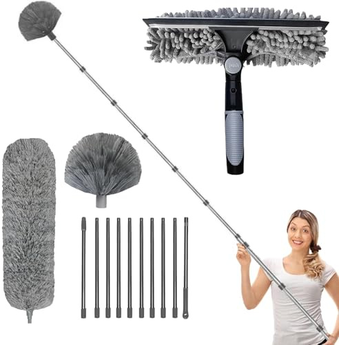 Plumeau Telescopique 4 m, Tete De Loup Telescopique, Microfibre Lavable, Balai AraignéE Tete De Loup Telescopique, TêTe De Plumeau en Chenille pour Plafonds, Meubles, Stores (Gris)